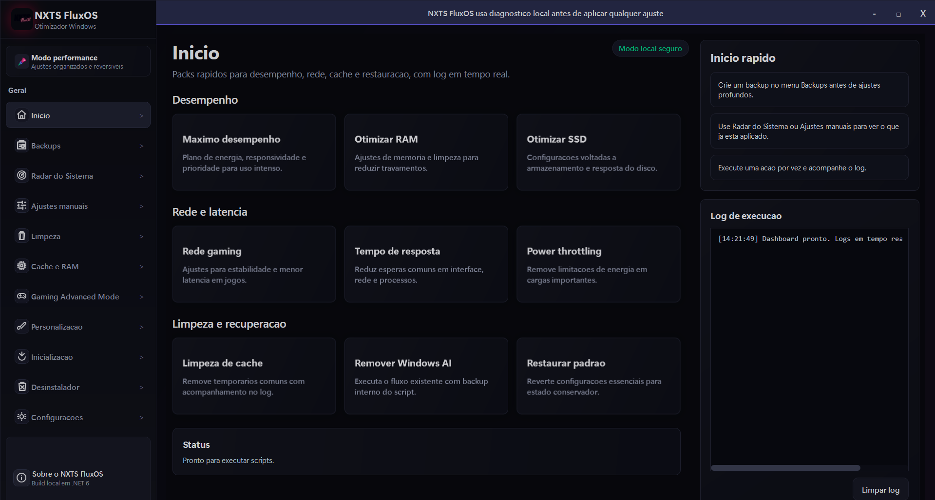 Prévia da interface do NXTS FluxOS